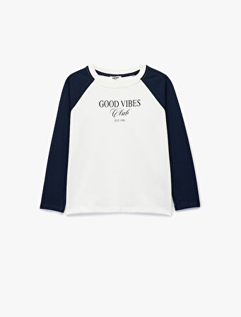 Pamuklu Bisiklet Yaka Baskılı Uzun Kollu Tişört