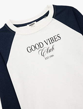 Pamuklu Bisiklet Yaka Baskılı Uzun Kollu Tişört