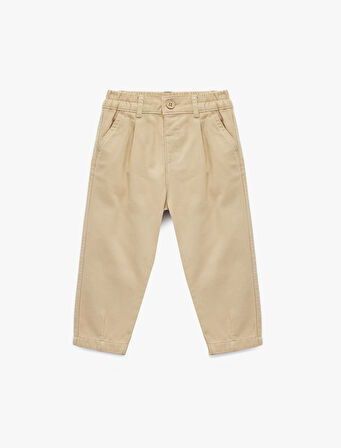 Beli Lastikli Düğmeli Pamuklu Havuç Kesim Pantolon