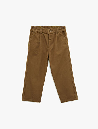 Beli Lastikli Düğmeli Pamuklu Havuç Kesim Pantolon