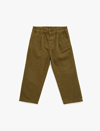 Beli Lastikli Düğmeli Pamuklu Havuç Kesim Pantolon