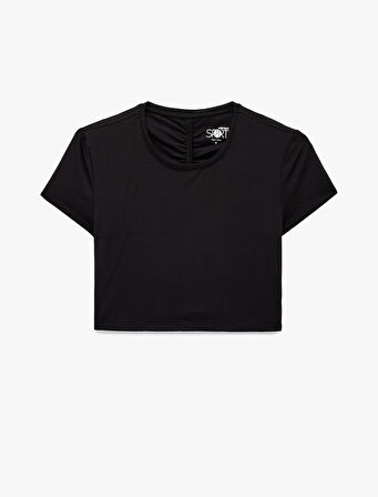 Slim Fit Büzgülü Kısa Kollu Bisiklet Yaka Viskon Crop Spor Tişört