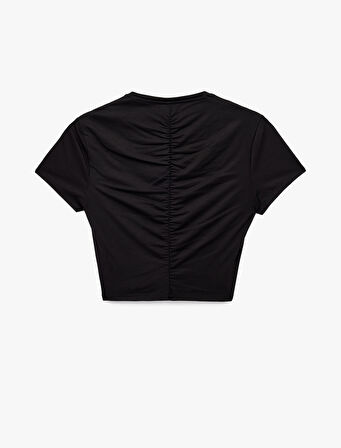 Slim Fit Büzgülü Kısa Kollu Bisiklet Yaka Viskon Crop Spor Tişört