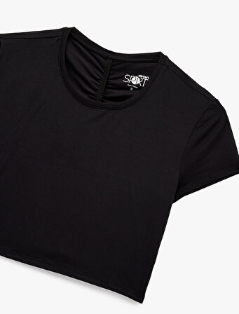 Slim Fit Büzgülü Kısa Kollu Bisiklet Yaka Viskon Crop Spor Tişört