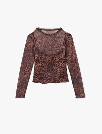 Slim Fit Uzun Kollu Leopar Baskılı Tül Tişört