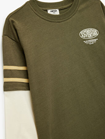 Pamuklu Uzun Kollu Bisiklet Yaka Baskılı Oversize Tişört