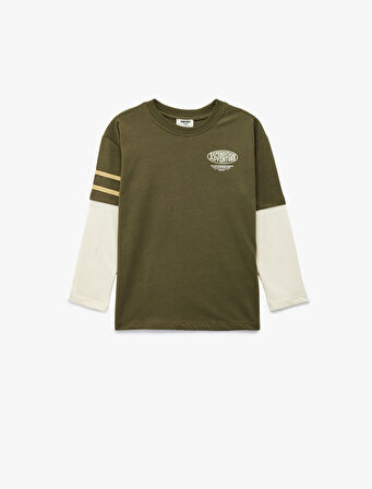 Pamuklu Uzun Kollu Bisiklet Yaka Baskılı Oversize Tişört