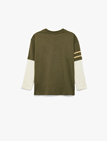 Pamuklu Uzun Kollu Bisiklet Yaka Baskılı Oversize Tişört