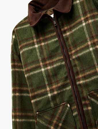 Fermuarlı Cepli Klasik Yaka Ekoseli Ceket