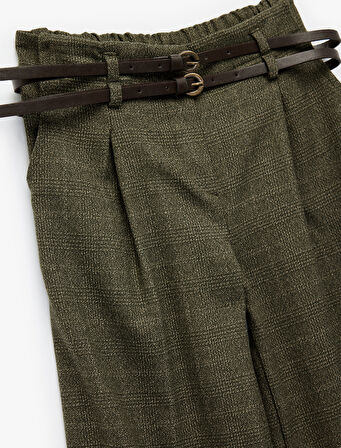 Viskon Karışımlı Kemer Detaylı Ekoseli Geniş Paça Pantolon