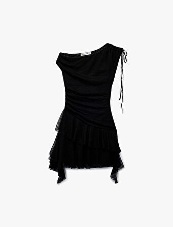Asimetrik Yaka Kolsuz Büzgülü Slim Fit Mini Elbise