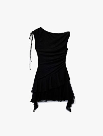 Asimetrik Yaka Kolsuz Büzgülü Slim Fit Mini Elbise
