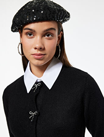 Uzun Kollu Bisiklet Yaka Fiyonklu Triko Hırka