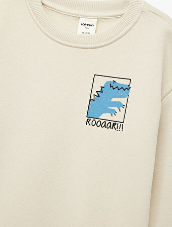 Dinozor Baskılı Uzun Kollu Bisiklet Yaka Oversize Sweatshirt