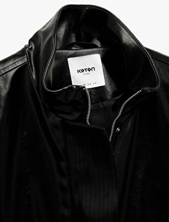 Cepli Fermuarlı Dik Yaka Suni Deri Yelek