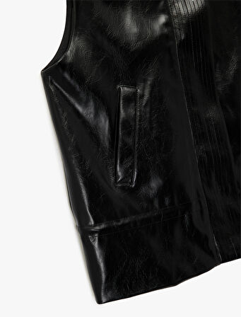 Cepli Fermuarlı Dik Yaka Suni Deri Yelek