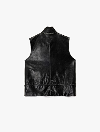 Cepli Fermuarlı Dik Yaka Suni Deri Yelek