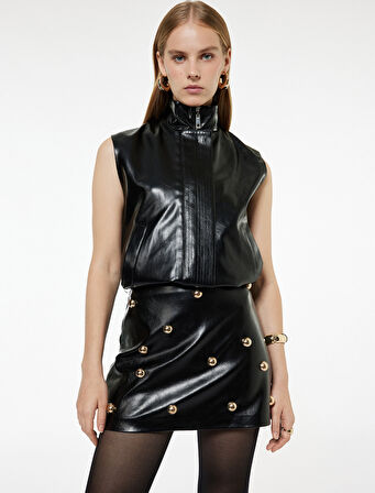 Cepli Fermuarlı Dik Yaka Suni Deri Yelek