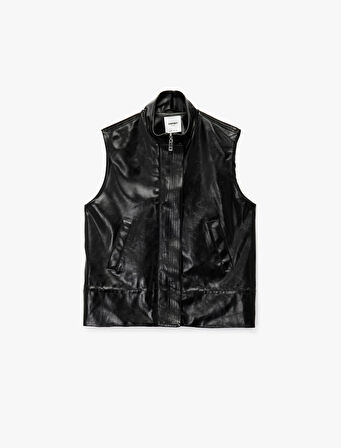 Cepli Fermuarlı Dik Yaka Suni Deri Yelek