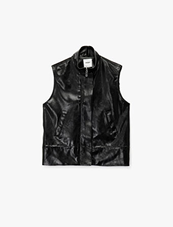 Cepli Fermuarlı Dik Yaka Suni Deri Yelek