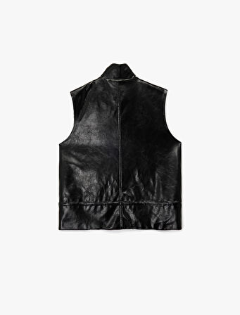 Cepli Fermuarlı Dik Yaka Suni Deri Yelek