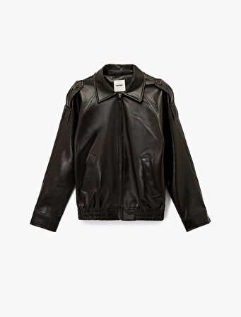 Uzun Kollu Cepli Fermuarlı Suni Deri Ceket