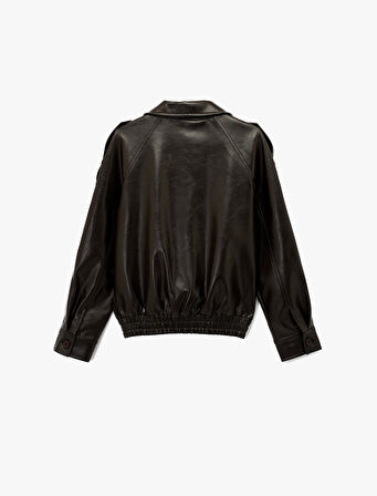 Uzun Kollu Cepli Fermuarlı Suni Deri Ceket