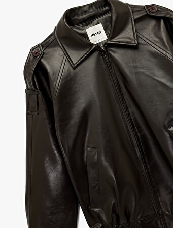 Uzun Kollu Cepli Fermuarlı Suni Deri Ceket