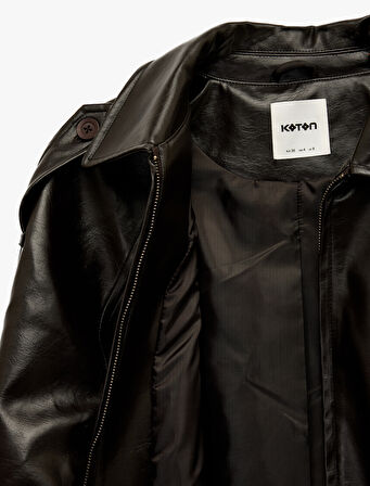 Uzun Kollu Cepli Fermuarlı Suni Deri Ceket