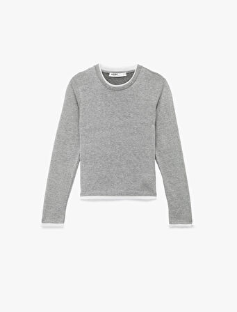 Regular Fit Kontrast Detaylı Uzun Kollu Bisiklet Yaka Tişört