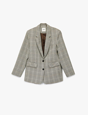 Geniş Yaka Viskon Karışımlı Cep Detaylı Düğmeli Ekoseli Blazer Ceket