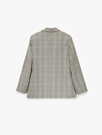 Geniş Yaka Viskon Karışımlı Cep Detaylı Düğmeli Ekoseli Blazer Ceket