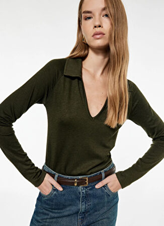 Koton Kaçık Yaka Haki Kadın T-Shirt 6WAK50316EK