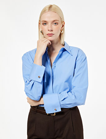 Pamuklu Kol Düğmesi Detaylı Uzun Kollu Oversize Gömlek