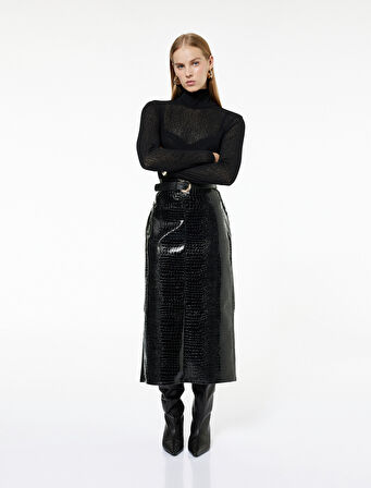 Suni Deri Kroko Görünümlü Ön Yırtmaç Detaylı Midi Kalem Etek