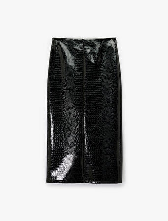 Suni Deri Kroko Görünümlü Ön Yırtmaç Detaylı Midi Kalem Etek