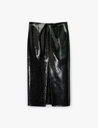 Suni Deri Kroko Görünümlü Ön Yırtmaç Detaylı Midi Kalem Etek