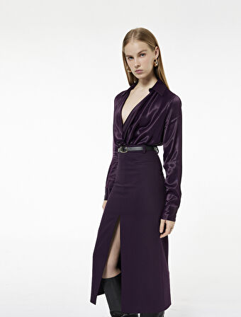 Fleto Cepli Yırtmaç Detaylı Midi Kalem Etek