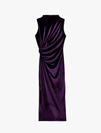 Yırtmaçlı Hafif Dik Yaka Drapeli Kolsuz Uzun Kadife Elbise