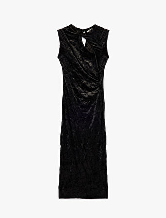 Pencere Detaylı Kolsuz Dik Yaka Uzun Kalem Kadife Elbise