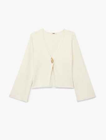 V Yaka Uzun Kollu Metal Aksesuar Detaylı Triko Hırka