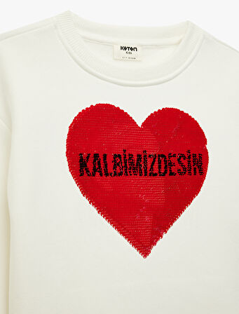 Atatürk Baskılı Uzun Kollu Bisiklet Yaka Pullu Payetli Sweatshirt