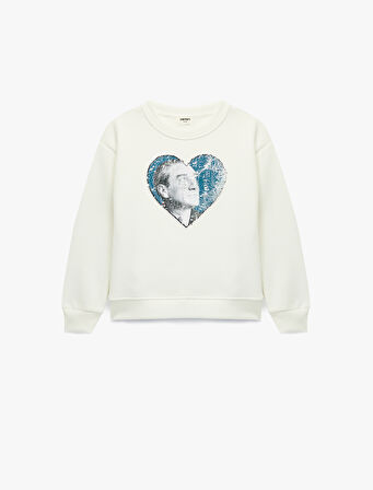 Atatürk Baskılı Uzun Kollu Bisiklet Yaka Pullu Payetli Sweatshirt