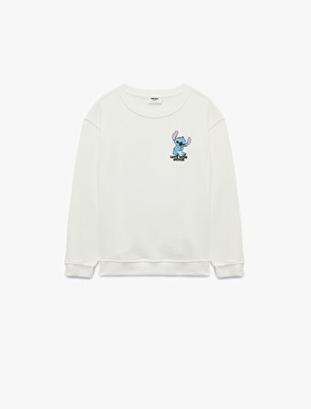 Lisanslı Stitch Baskılı Uzun Kollu Bisiklet Yaka Sweatshirt