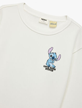 Lisanslı Stitch Baskılı Uzun Kollu Bisiklet Yaka Sweatshirt