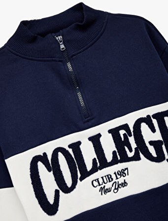 Uzun Kollu Yarım Fermuarlı Dik Yaka Nakışlı Oversize Sweatshirt