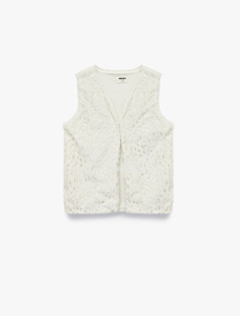 V Yaka Varak Baskılı Parıltılı Peluş Yelek