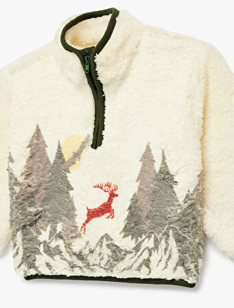 Fermuar Detaylı Uzun Kollu Dik Yaka Polar Yılbaşı Sweatshirt