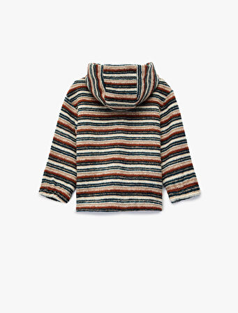 Düğmeli Kapüşonlu Uzun Kollu Çizgili Sweatshirt