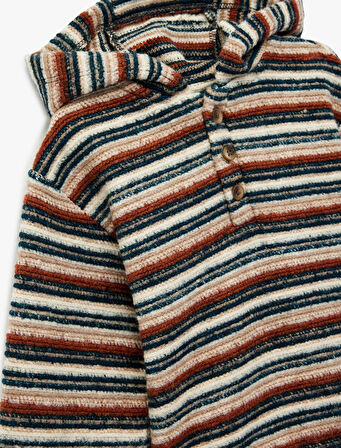 Düğmeli Kapüşonlu Uzun Kollu Çizgili Sweatshirt